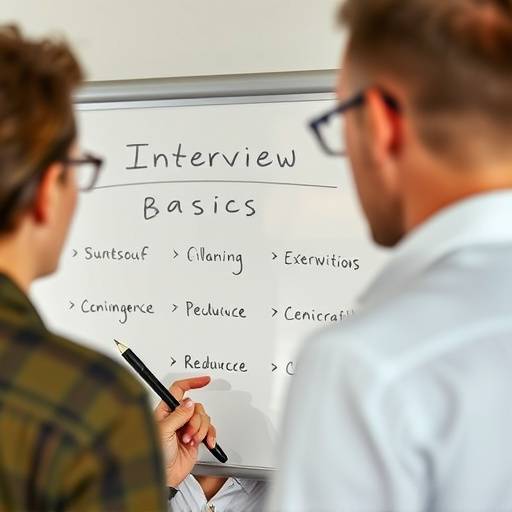 Een close-up foto van een trainer die een whiteboard gebruikt om basisprincipes van een interview te illustreren tijdens een basistraining.