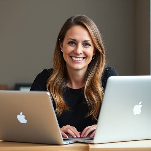 Portretfoto van Sophie Bakker, een online coach die met enthousiasme via een laptop communiceert.